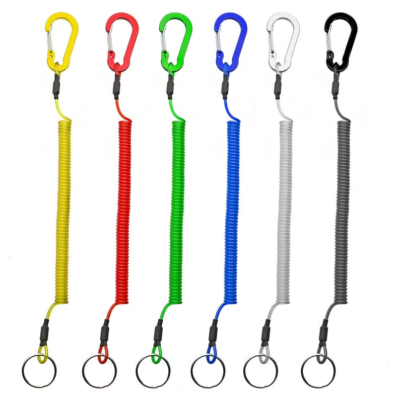 Lix&Rix Color Fishing Lanyards Fishing Tool Pole Safety Coiled Lanyards Retractable Wire Inside with Carabiner, 6pcs - Image 1